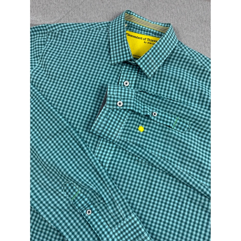 Descendant of Thieves Mens XL Teal Gingham Button Down Shirt Limited Edition